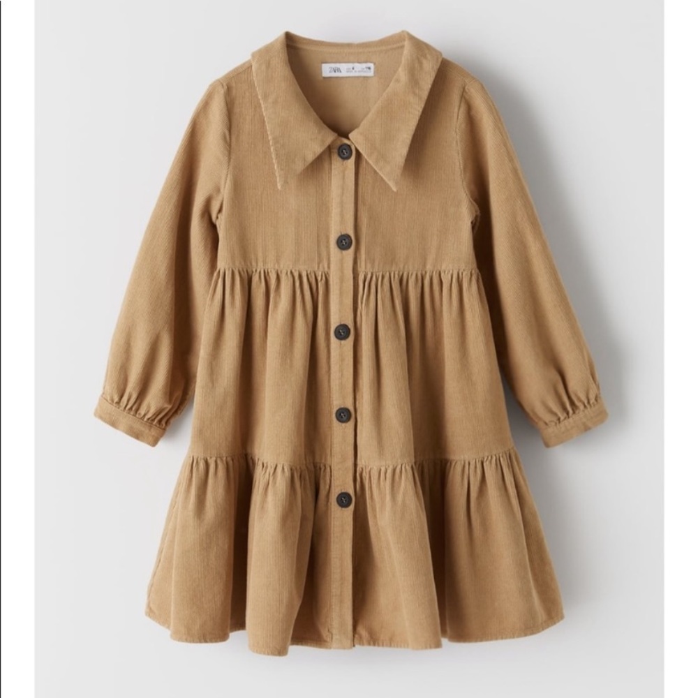 ZARA tan corduroy tiered pleated long sleeve dress sz 6